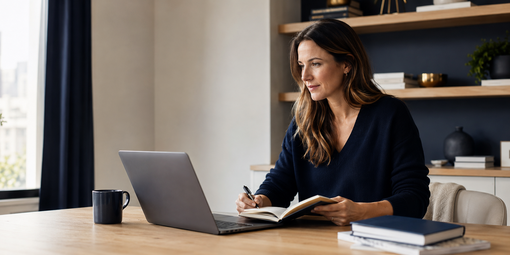 Adult learner preparing for an English language proficiency exam at her laptop